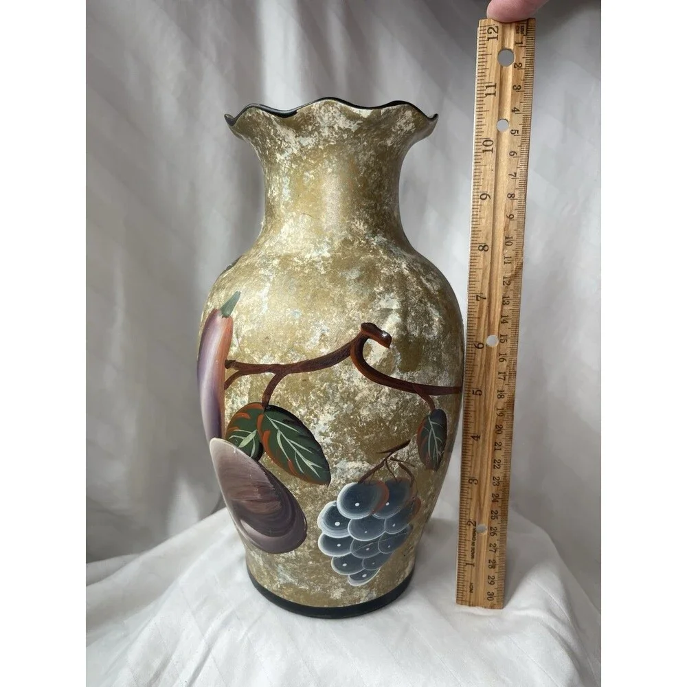Ariston Gifts Inc Glass Art Vase, Fruit Pattern, Matte Gold Finish, 12 in